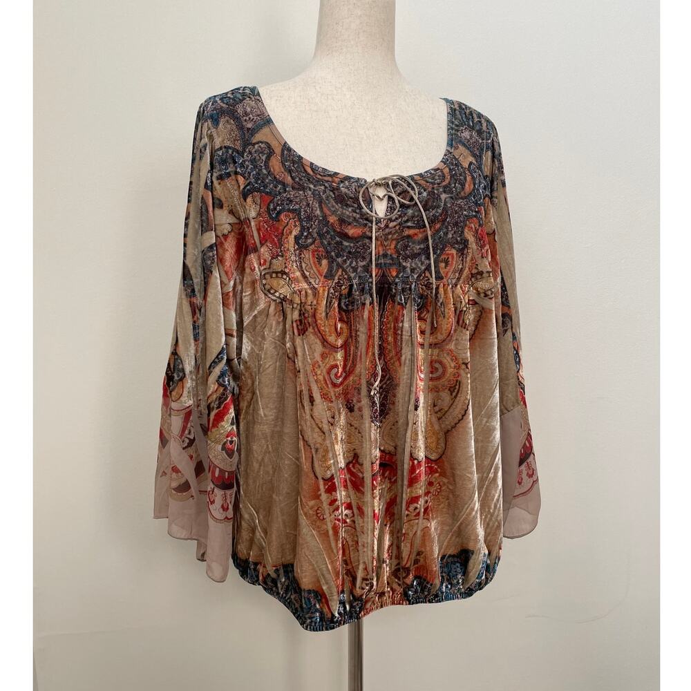 One World Y2K 00s Velvet Burnout Embroidered Tunic Top XL Paisley Fairy Grunge